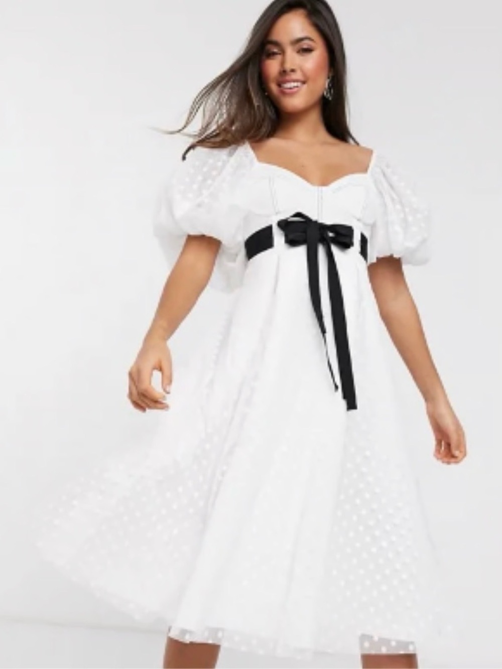 ASOS DESIGN White Dobby Puff Sleeve Midi Dress Black Bow US 0 NWT